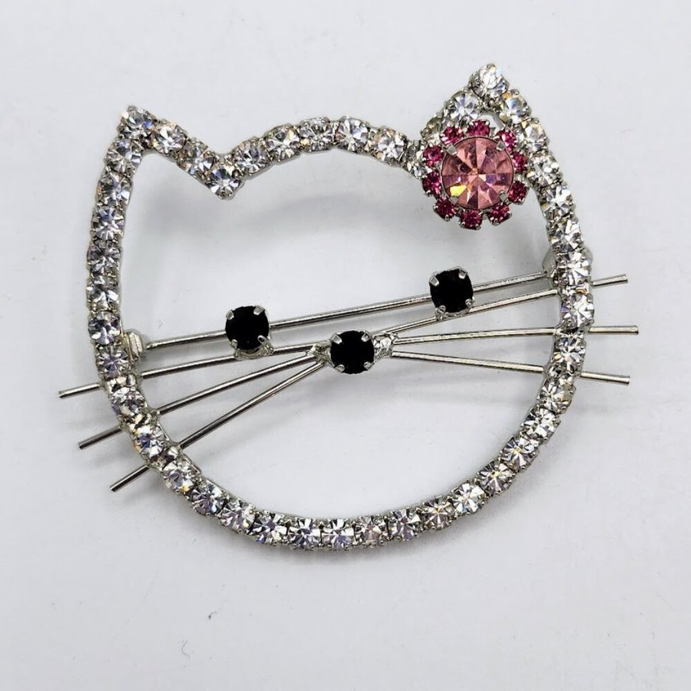 Vintage Hello Kitty Cat Face Clear and Pink Rhinestone Silver Tone Brooch